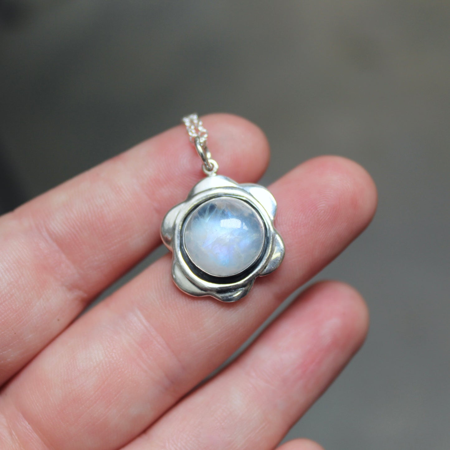Moonstone and Sterling Silver Flower Pendant Necklace