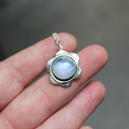 Moonstone and Sterling Silver Flower Pendant Necklace