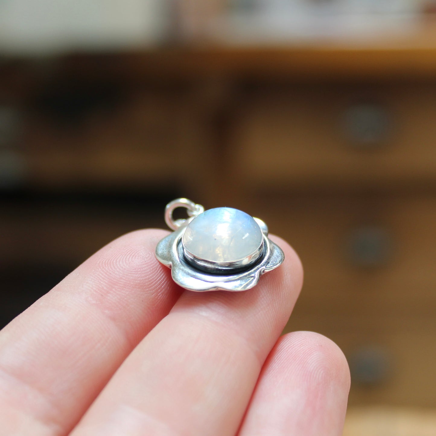 Moonstone and Sterling Silver Flower Pendant Necklace