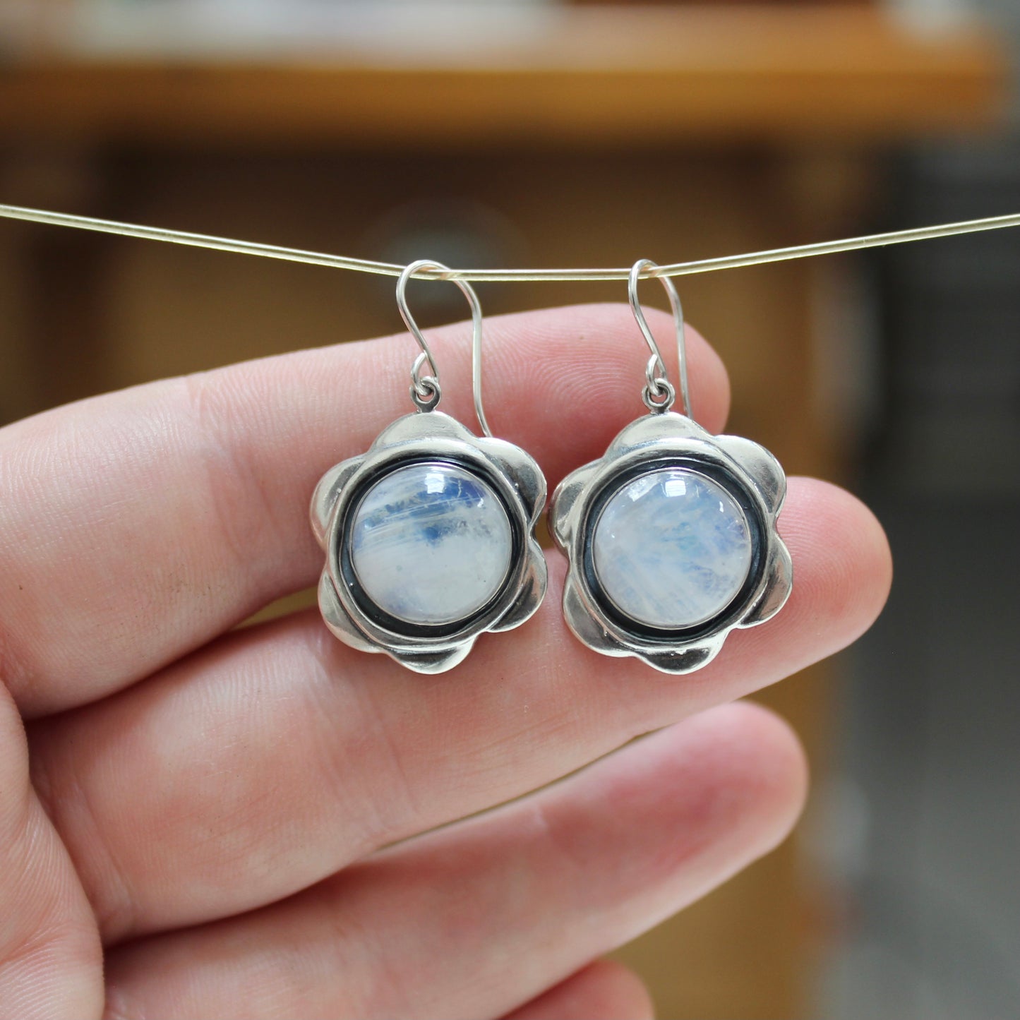 Moonstone and Sterling Silver Flower Earrings