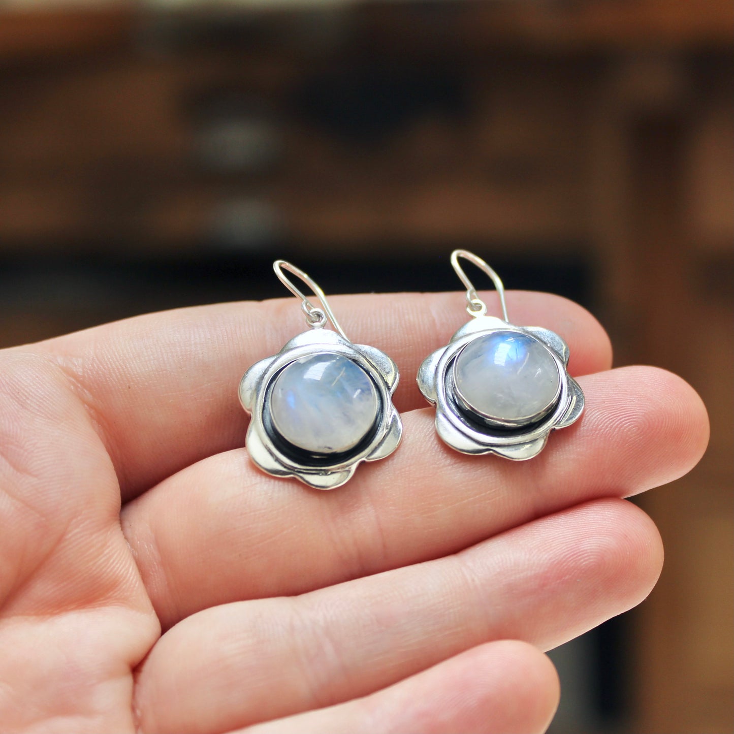 Moonstone and Sterling Silver Flower Earrings