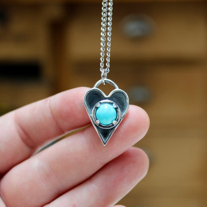 Sterling Silver Heart Necklace: Blue 8mm Turquoise on 24 Inch Stainless Curb Chain