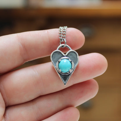 Sterling Silver Heart Necklace: Blue 8mm Turquoise on 24 Inch Stainless Curb Chain