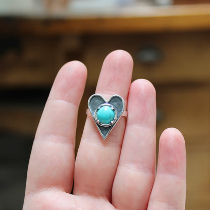 Large Prong Set Turquoise and Sterling Silver Heart Statement Ring