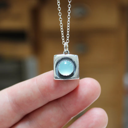 Modern Sterling and Aqua Chalcedony Pendant on Adjustable .925 Chain