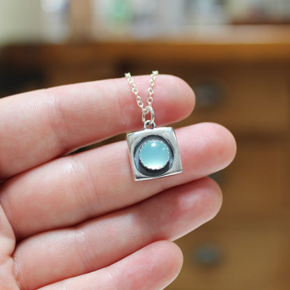 Modern Sterling and Aqua Chalcedony Pendant on Adjustable .925 Chain