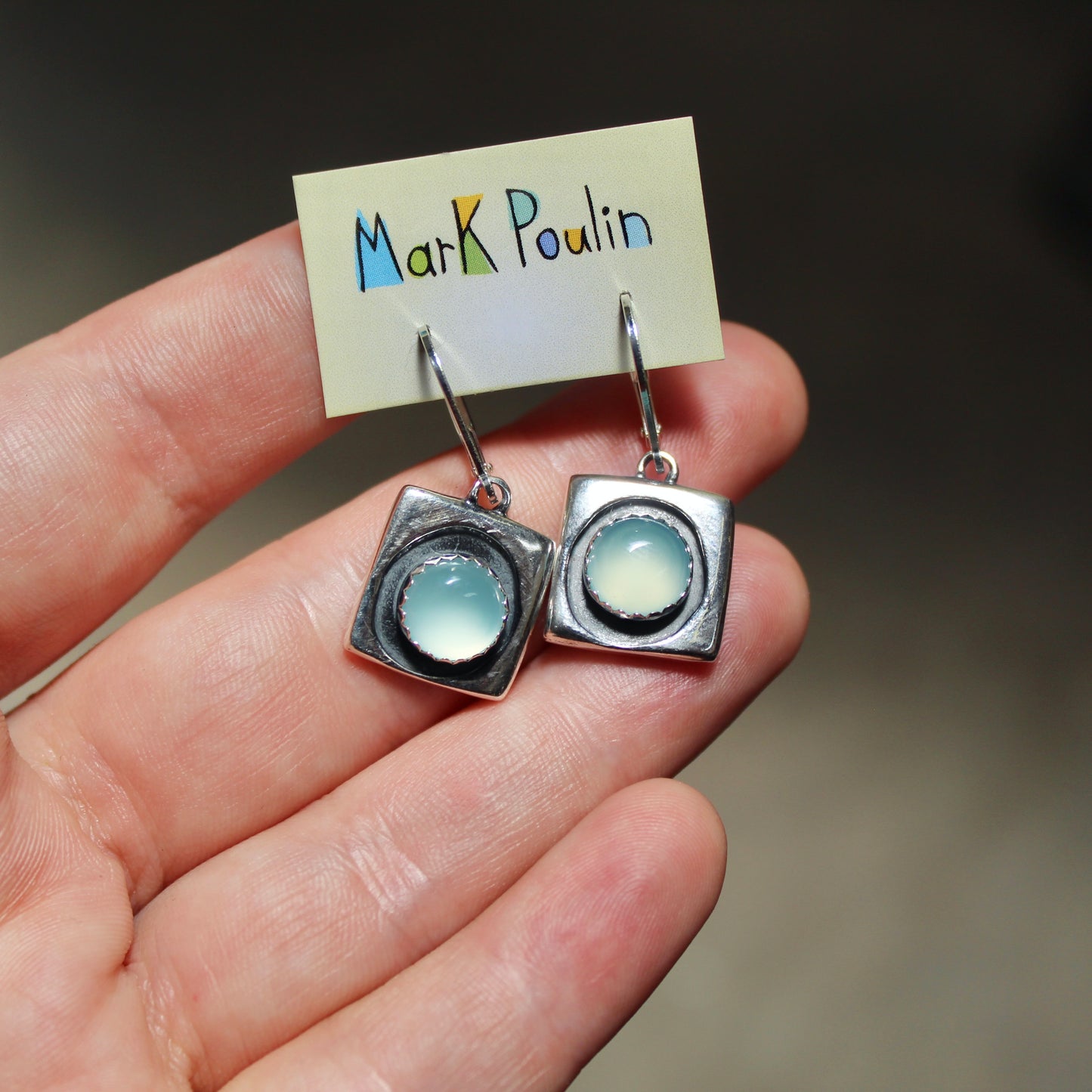 Modern Sterling and Aqua Chalcedony Earrings on .925 Silver Lever-Back Ear Wires