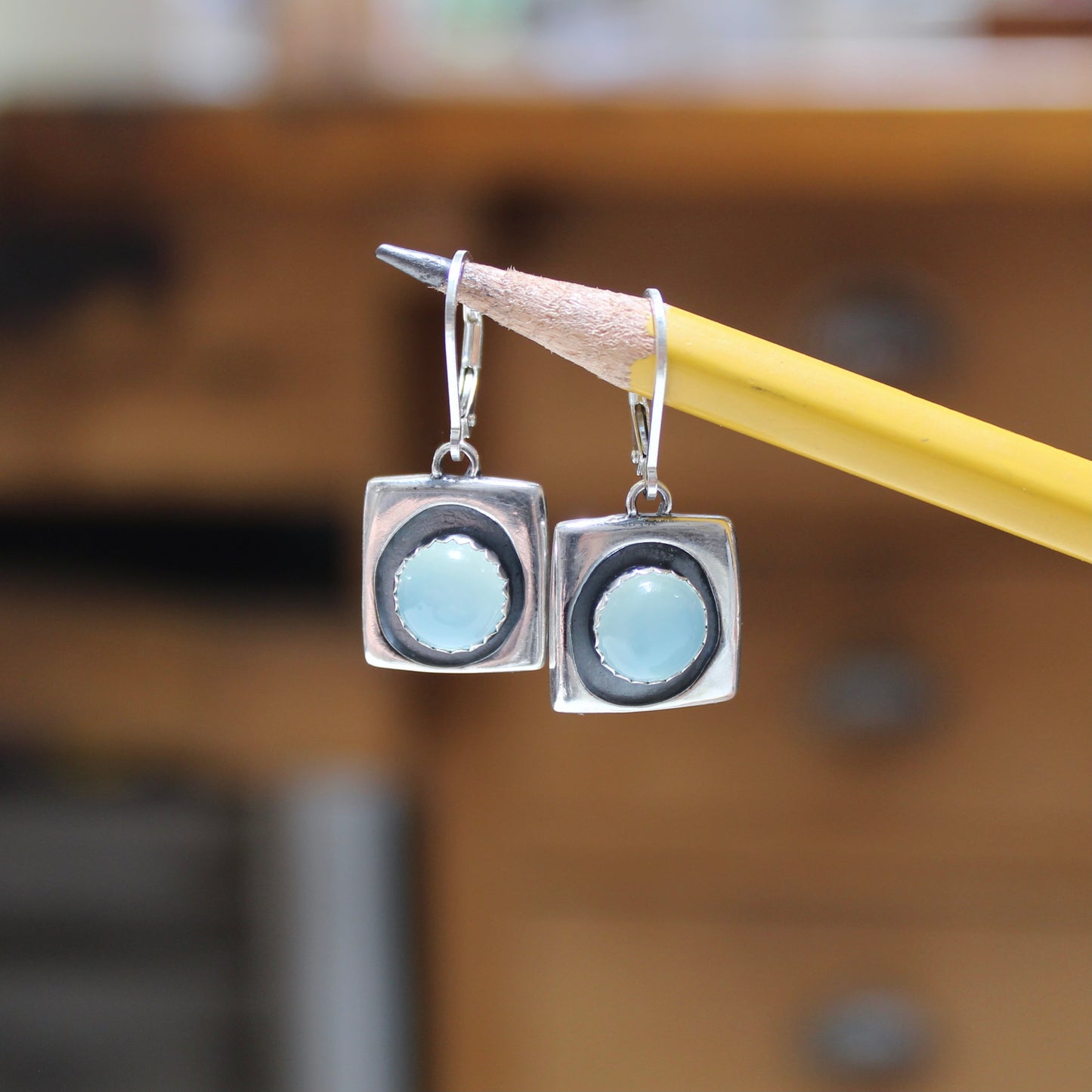 Modern Sterling and Aqua Chalcedony Earrings on .925 Silver Lever-Back Ear Wires