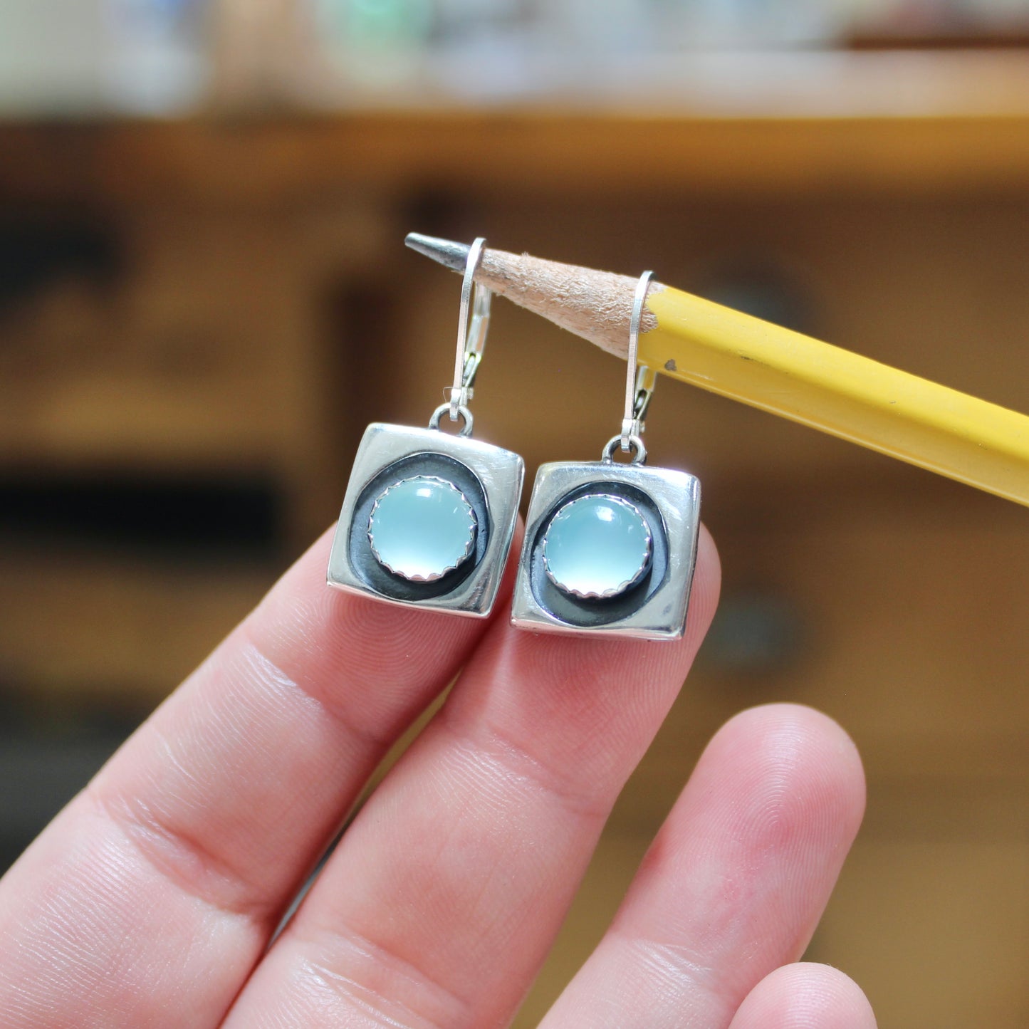 Modern Sterling and Aqua Chalcedony Earrings on .925 Silver Lever-Back Ear Wires