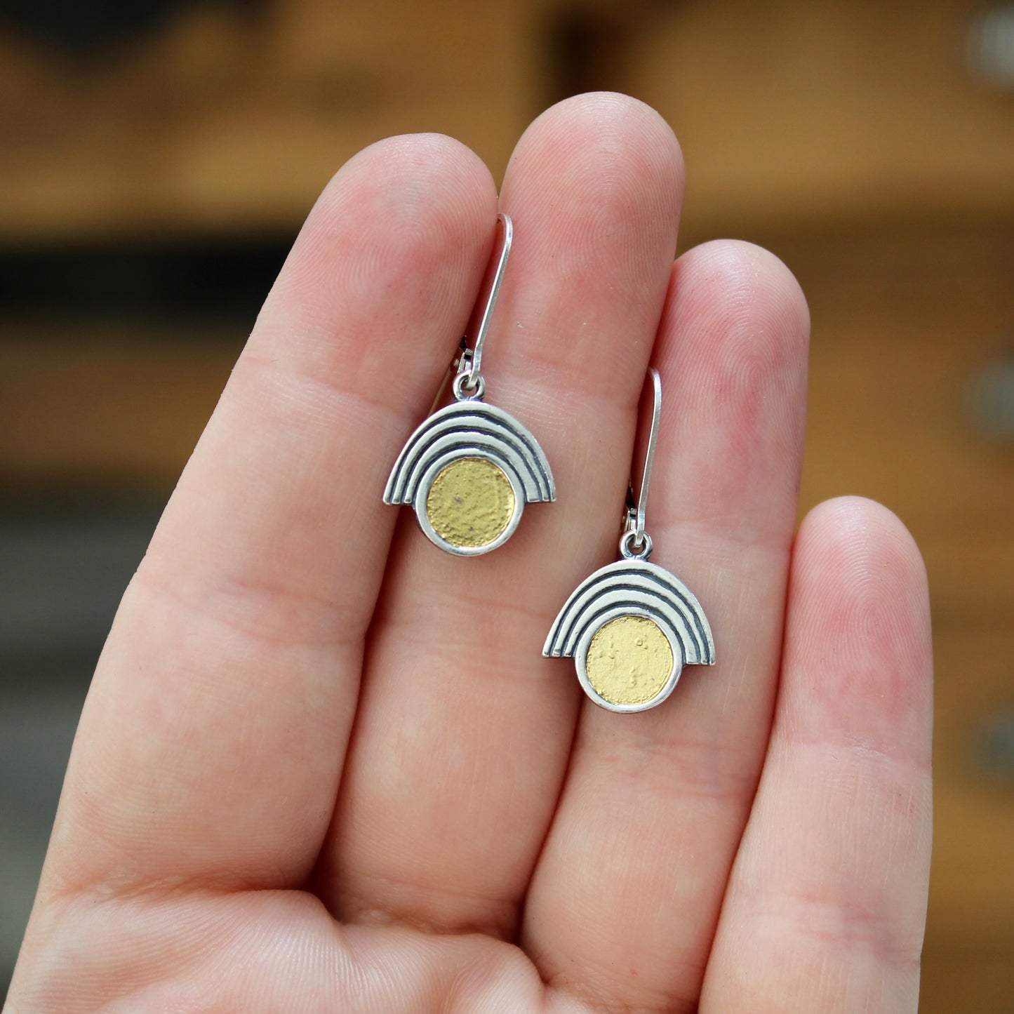 Sterling Silver and 24k Gold Art Deco Style Earrings on Lever Back Ear Wires