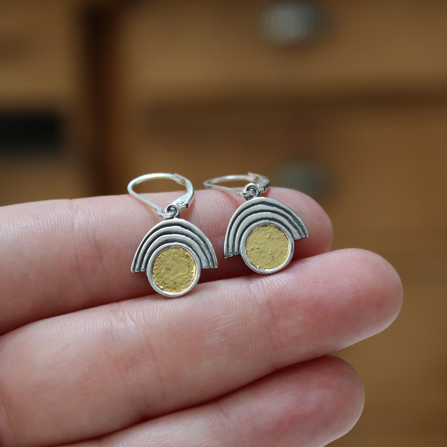 Sterling Silver and 24k Gold Art Deco Style Earrings on Lever Back Ear Wires
