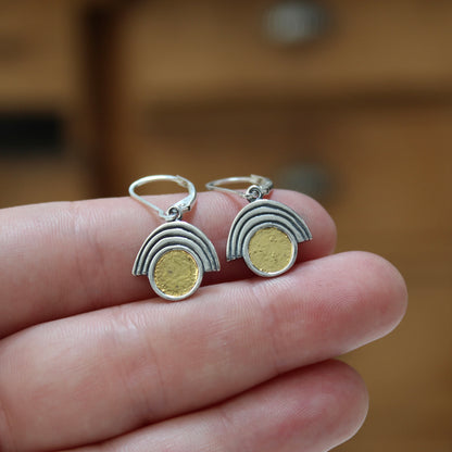 Sterling Silver and 24k Gold Art Deco Style Earrings on Lever Back Ear Wires