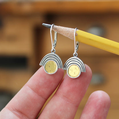 Sterling Silver and 24k Gold Art Deco Style Earrings on Lever Back Ear Wires