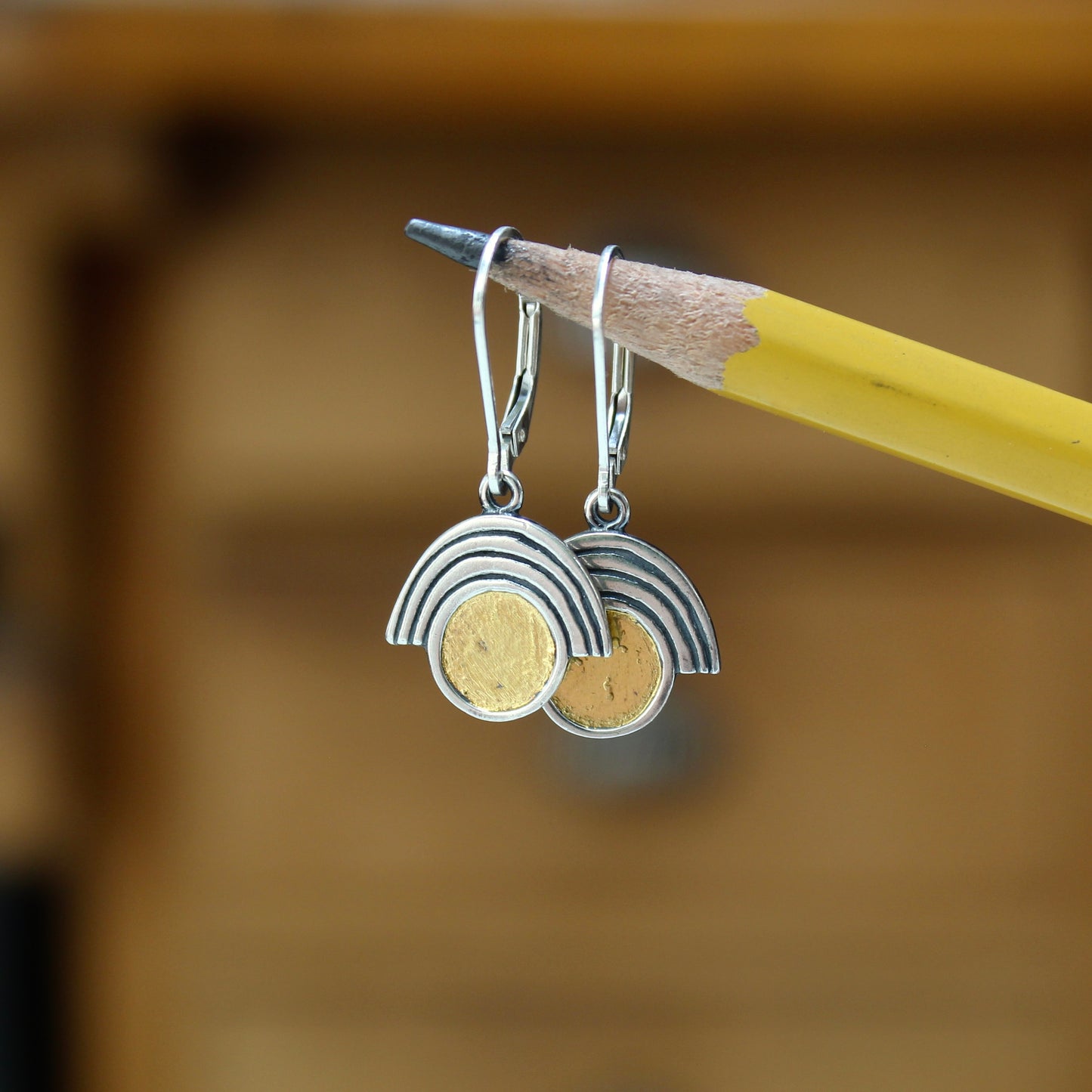 Sterling Silver and 24k Gold Art Deco Style Earrings on Lever Back Ear Wires