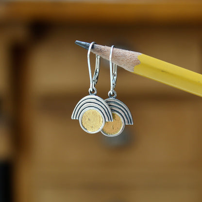 Sterling Silver and 24k Gold Art Deco Style Earrings on Lever Back Ear Wires