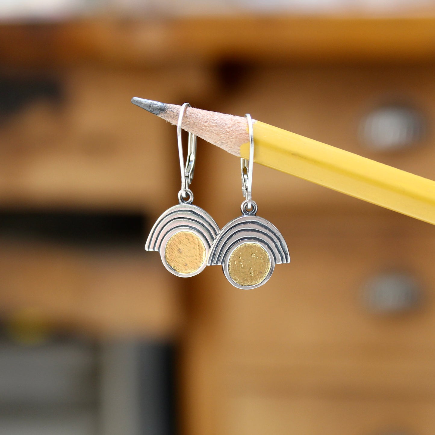 Sterling Silver and 24k Gold Art Deco Style Earrings on Lever Back Ear Wires