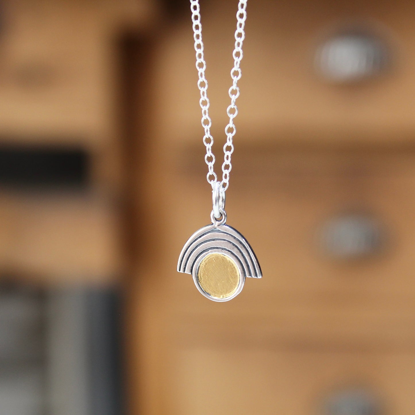 Sterling Silver and 24k Gold Art Deco Style Rainbow Pendant Necklace