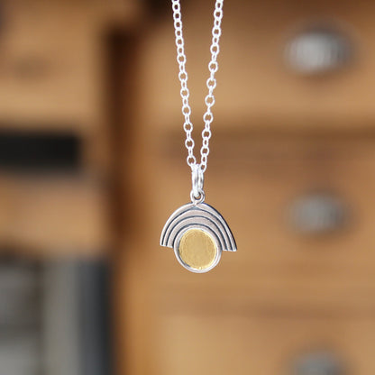 Sterling Silver and 24k Gold Art Deco Style Rainbow Pendant Necklace