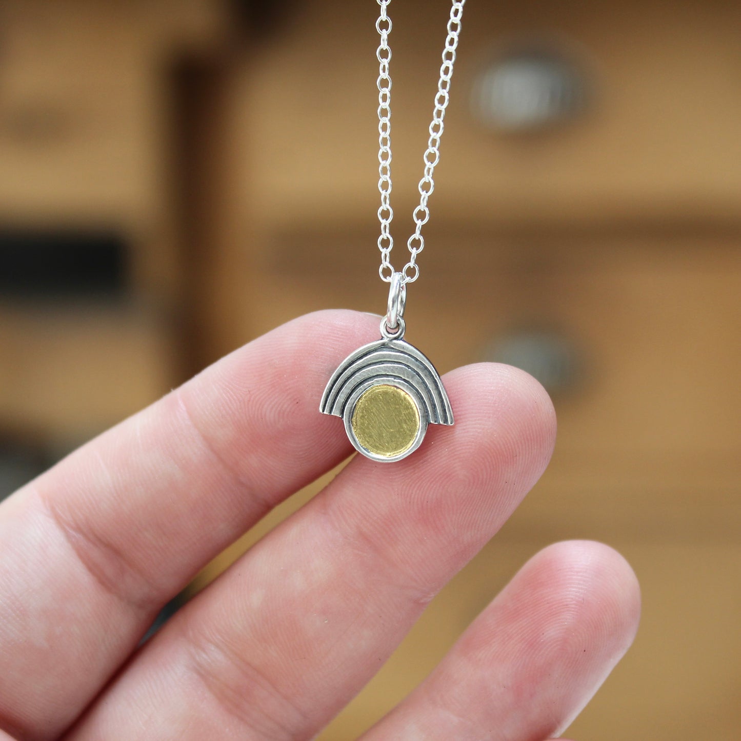 Sterling Silver and 24k Gold Art Deco Style Rainbow Pendant Necklace