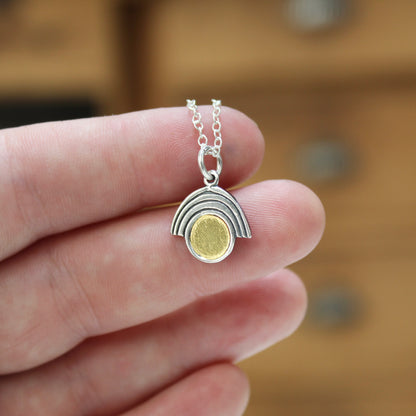 Sterling Silver and 24k Gold Art Deco Style Rainbow Pendant Necklace