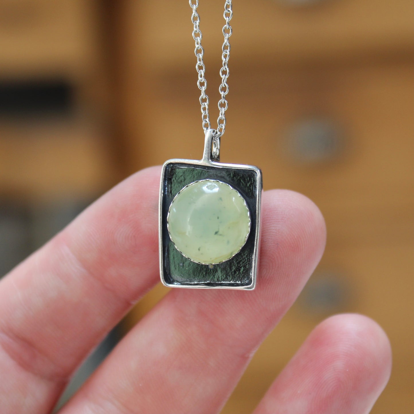 Large Prehnite Shadowbox Pendant on Adjustable Chain