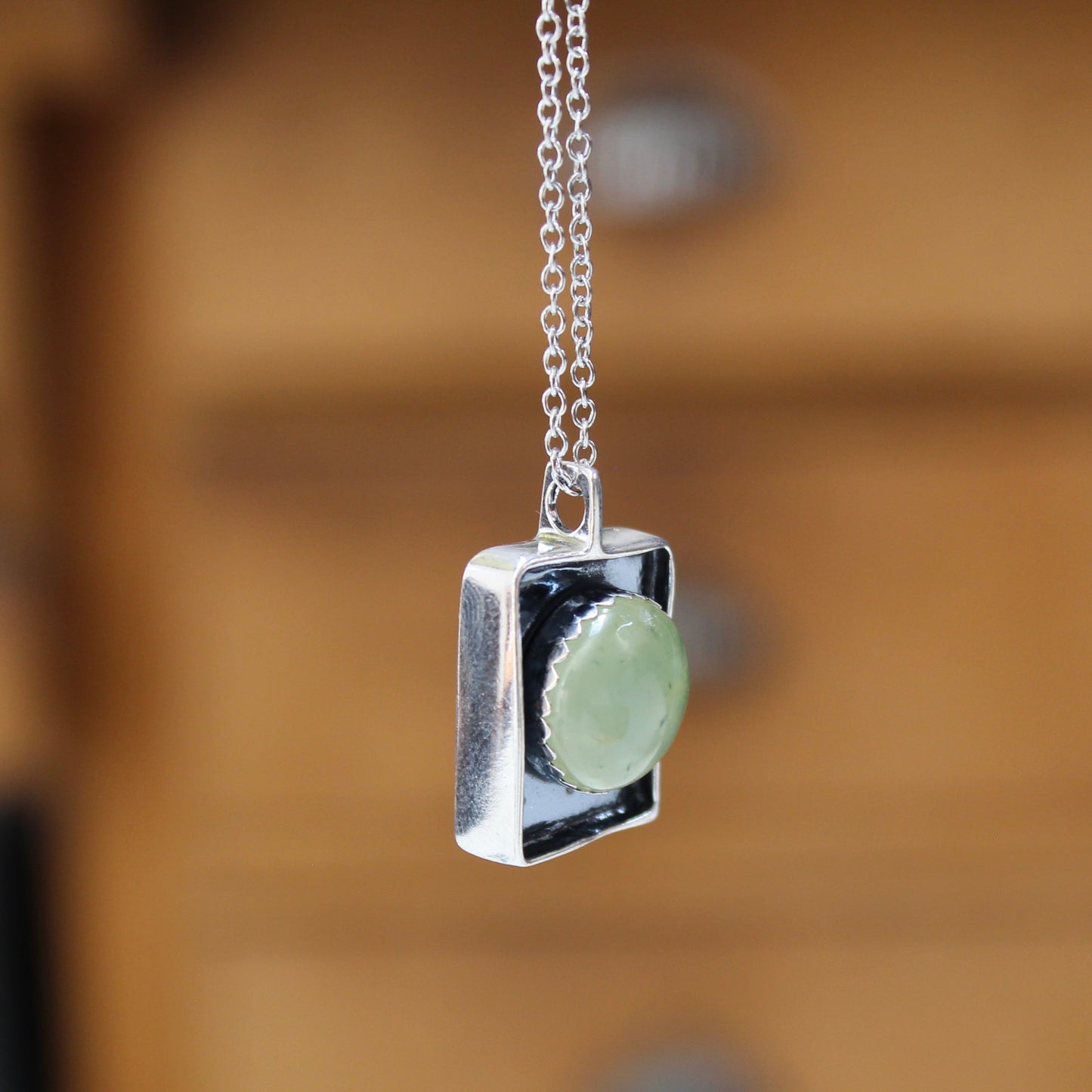 Large Prehnite Shadowbox Pendant on Adjustable Chain