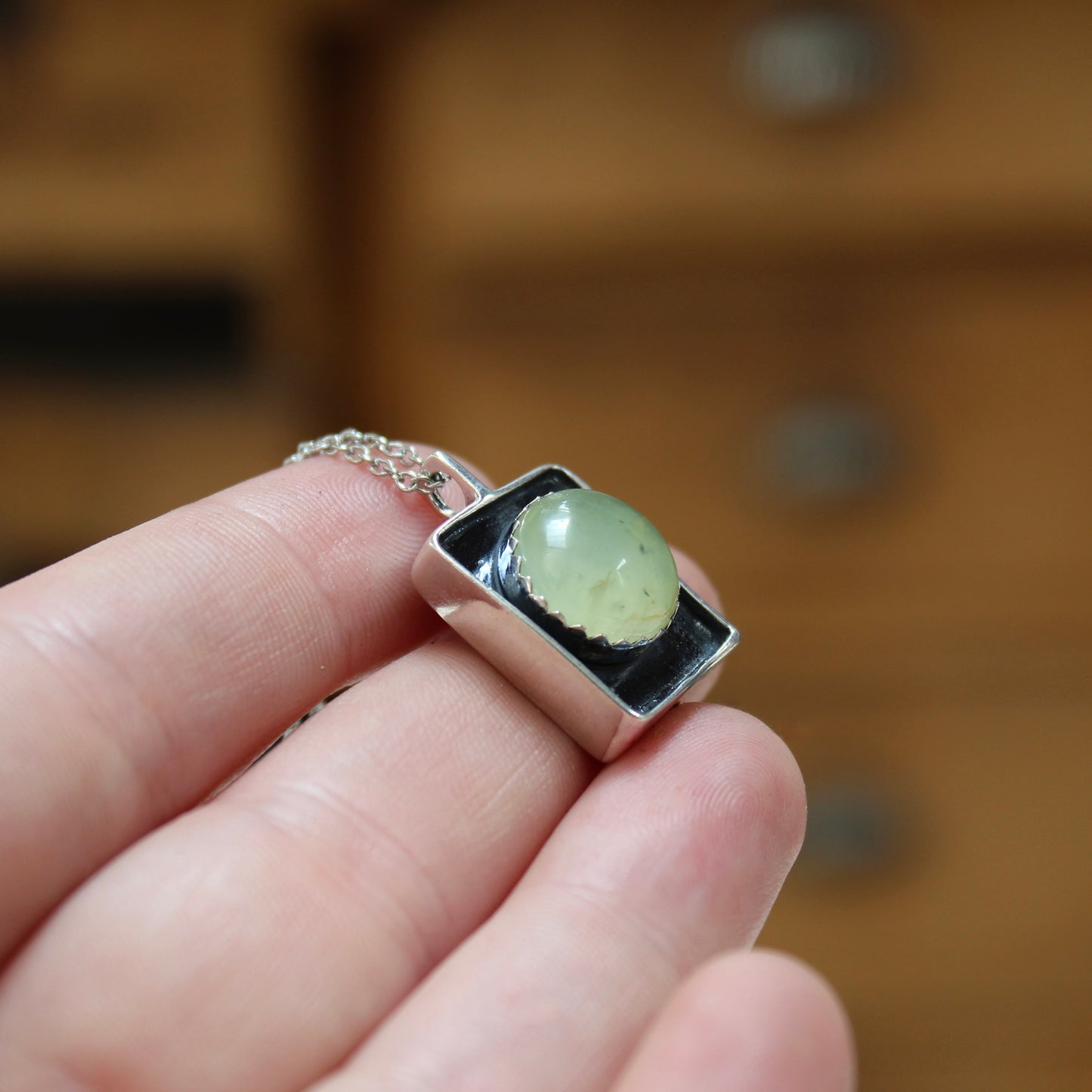Large Prehnite Shadowbox Pendant on Adjustable Chain