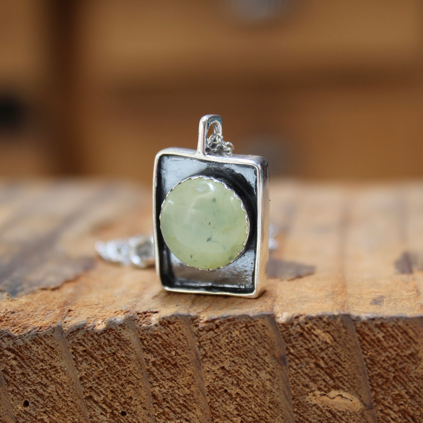 Large Prehnite Shadowbox Pendant on Adjustable Chain