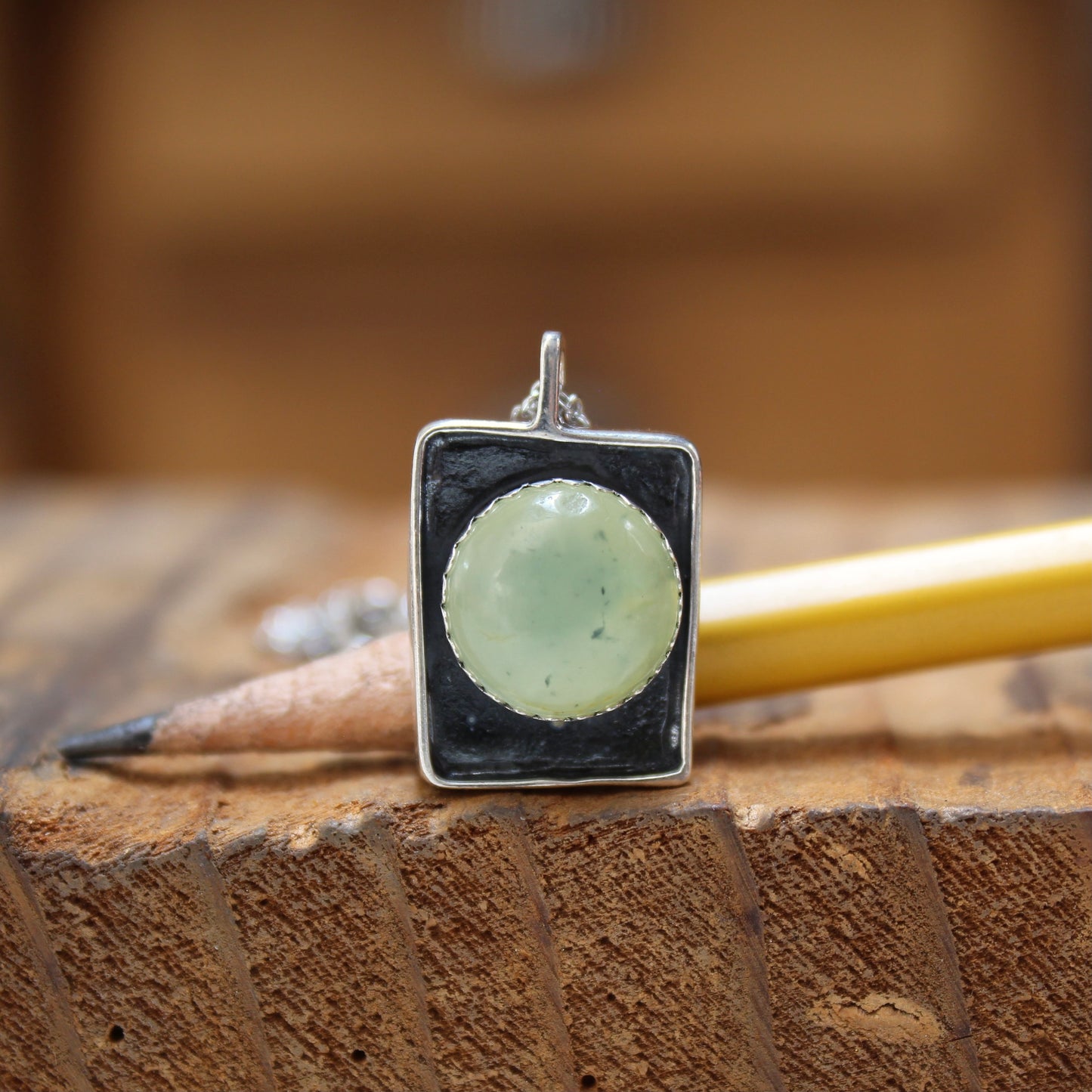 Large Prehnite Shadowbox Pendant on Adjustable Chain