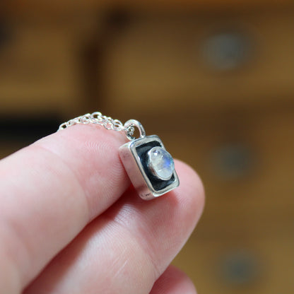 Tiny Rainbow Moonstone Necklace on Adjustable Sterling Chain