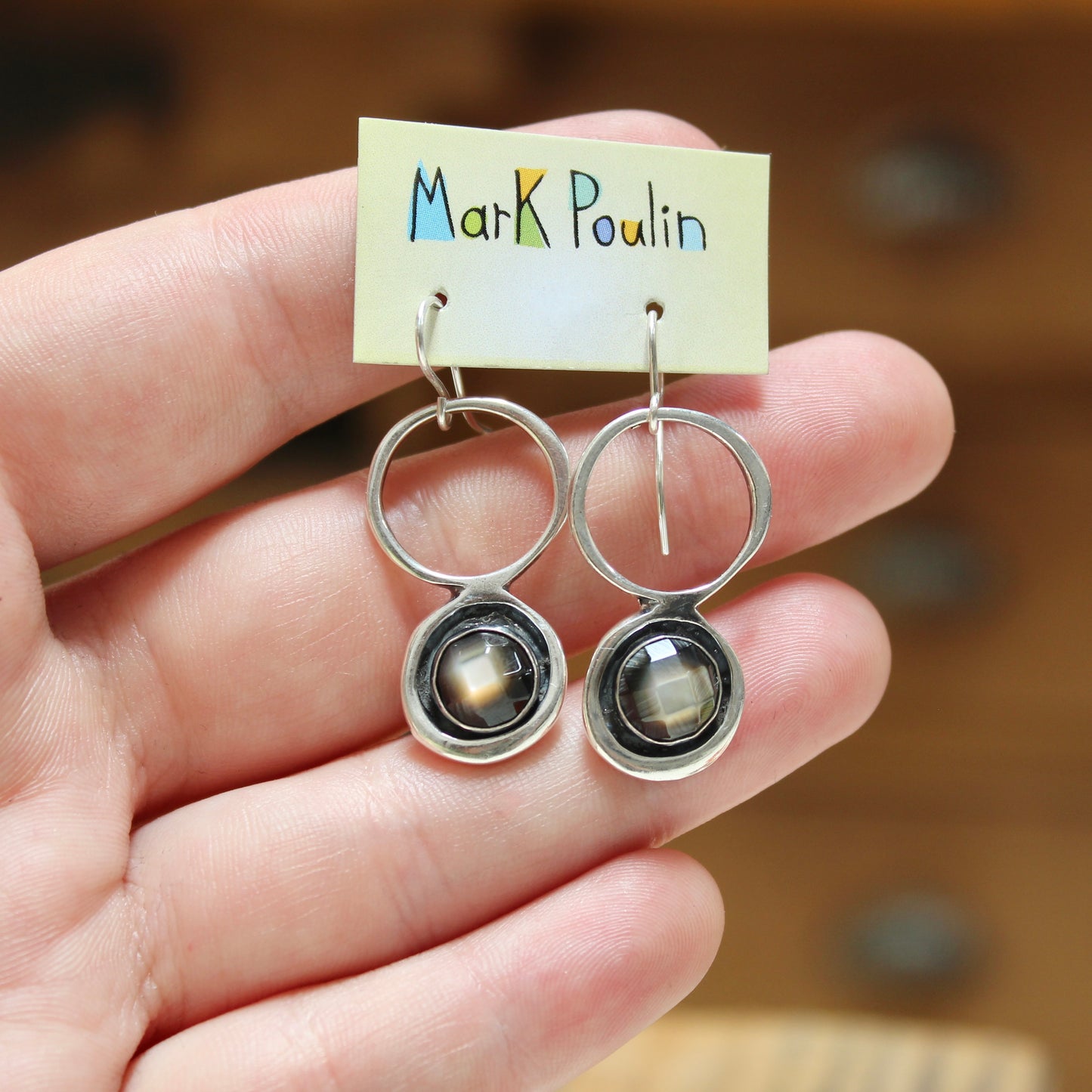 Sterling Silver and Mother of Pearl Dangle Earrings - Mid-Century Modern