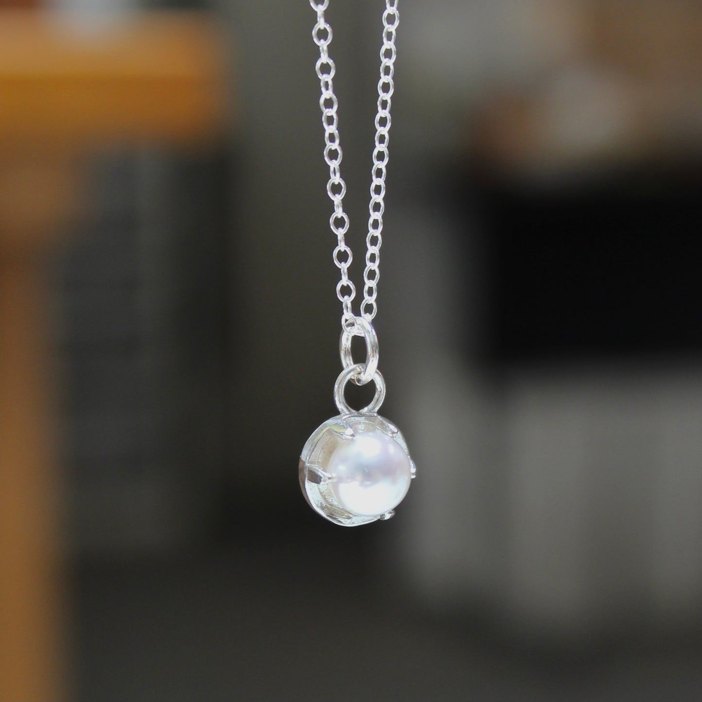 Tiny Pearl Necklace in a Sterling Silver Prong Setting