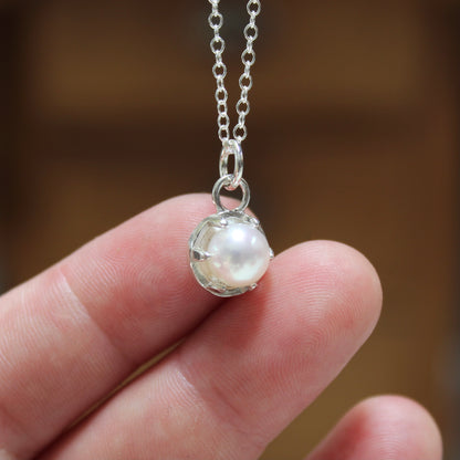 Tiny Pearl Necklace in a Sterling Silver Prong Setting