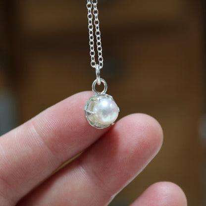 Tiny Pearl Necklace in a Sterling Silver Prong Setting