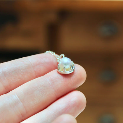 Tiny Pearl Necklace in a Sterling Silver Prong Setting