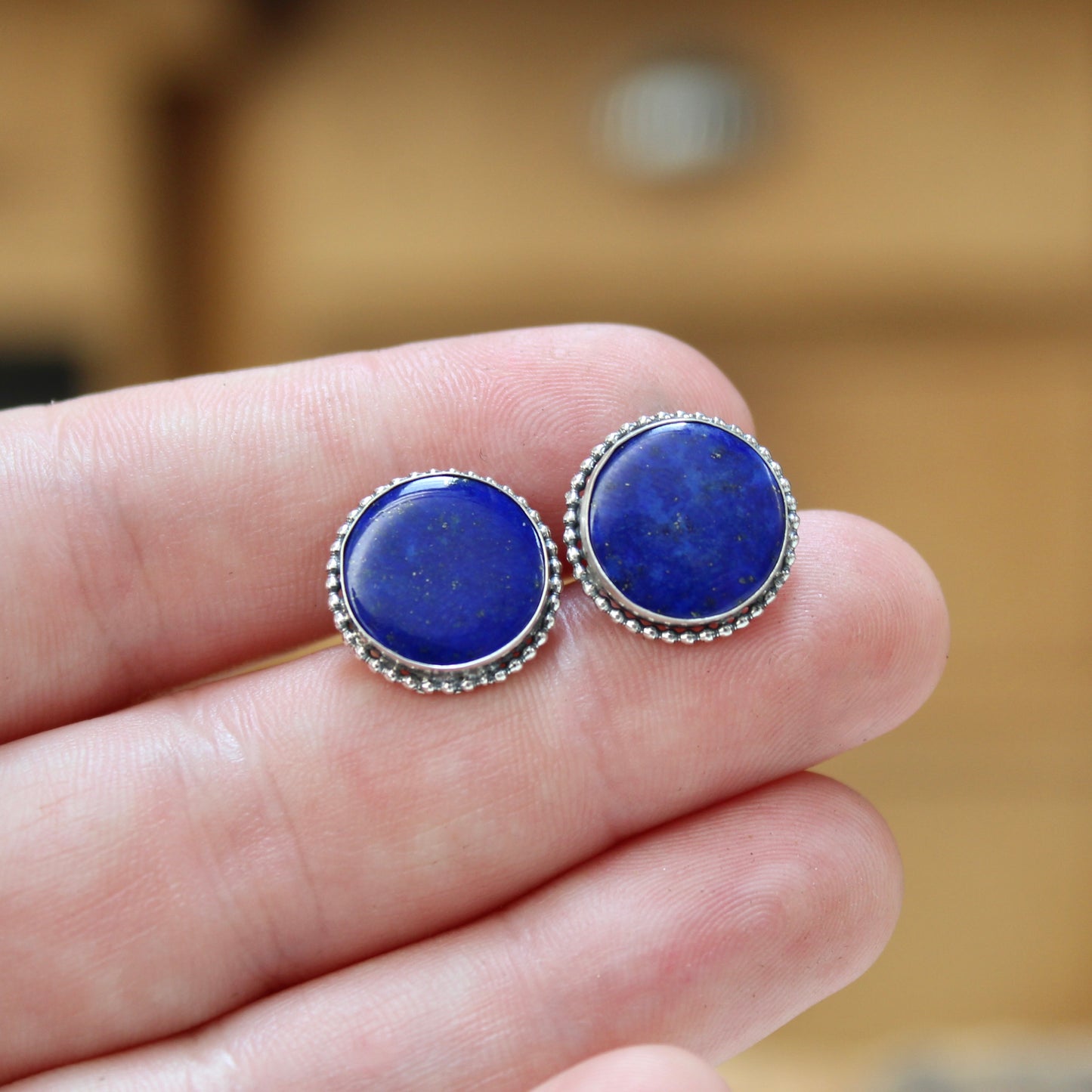 Round Lapis and Sterling Silver Post Earrings