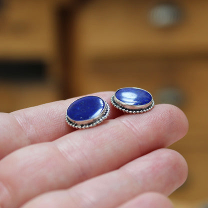 Round Lapis and Sterling Silver Post Earrings