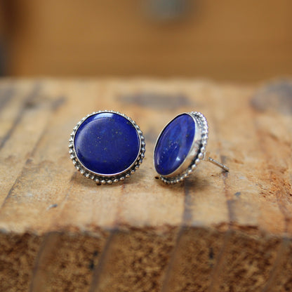 Round Lapis and Sterling Silver Post Earrings