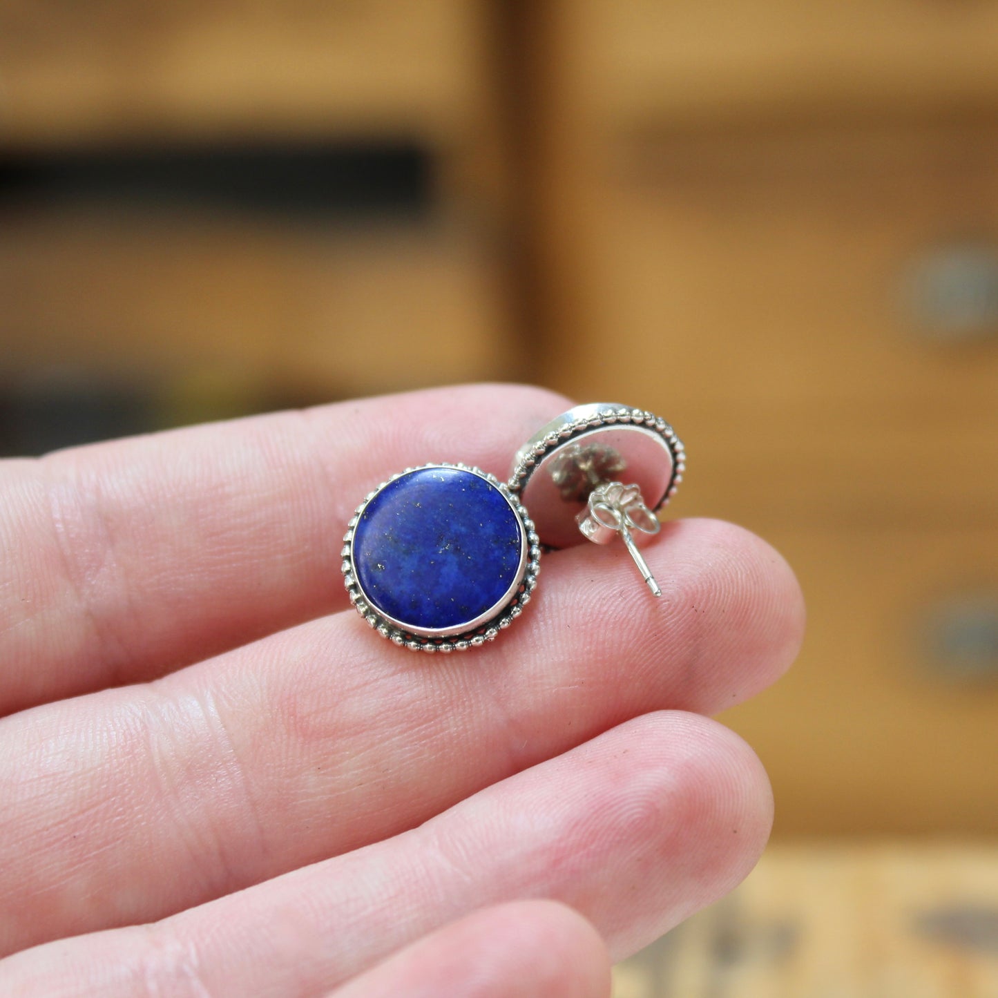 Round Lapis and Sterling Silver Post Earrings