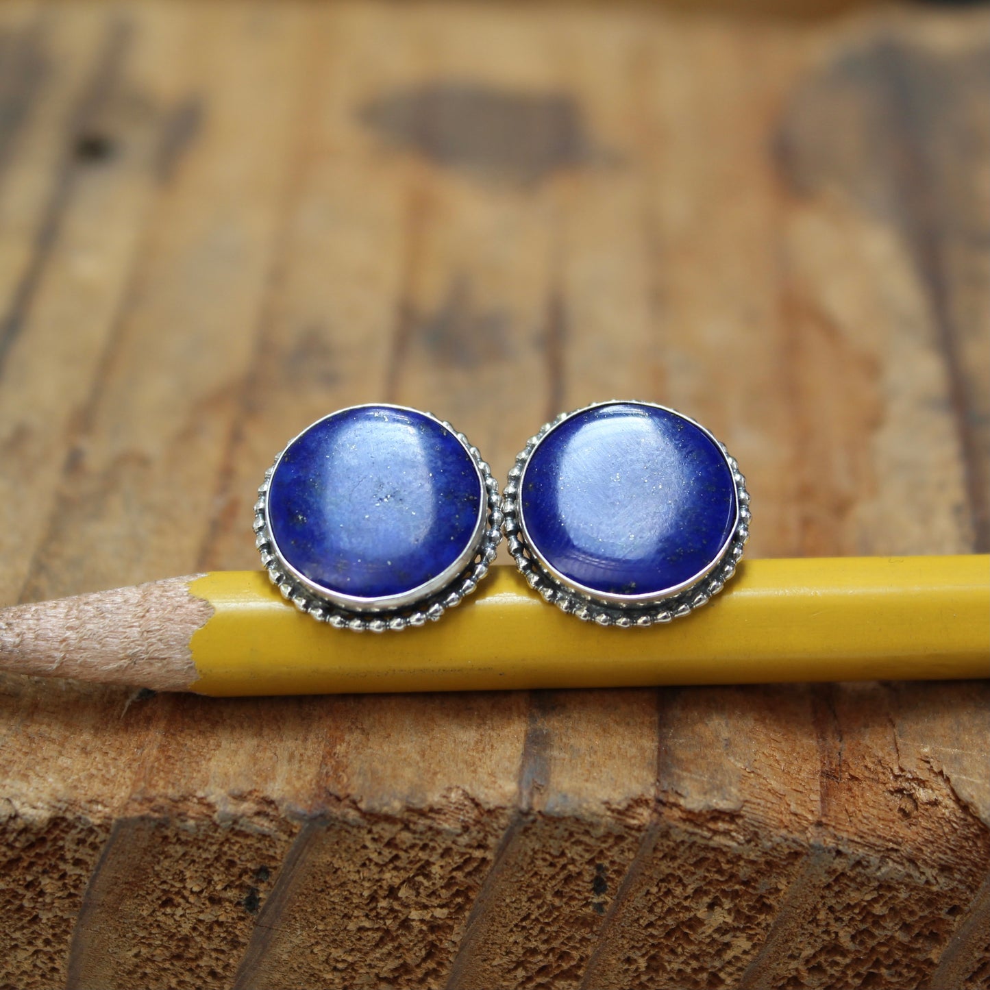 Round Lapis and Sterling Silver Post Earrings