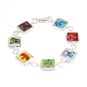 Reversible Sterling Silver and Enamel Cats Vs Cats Bracelet - 14 Hand Drawn Cat Designs - Gift for Cat Mom