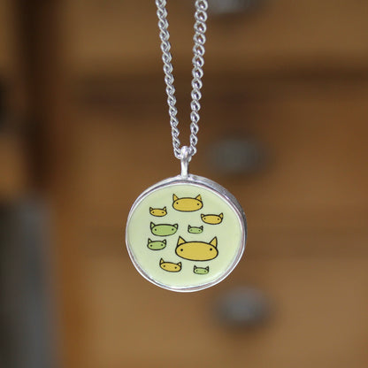 Friends with Cats - Enamel and Sterling Reversible Pendant on 24 Inch Chain
