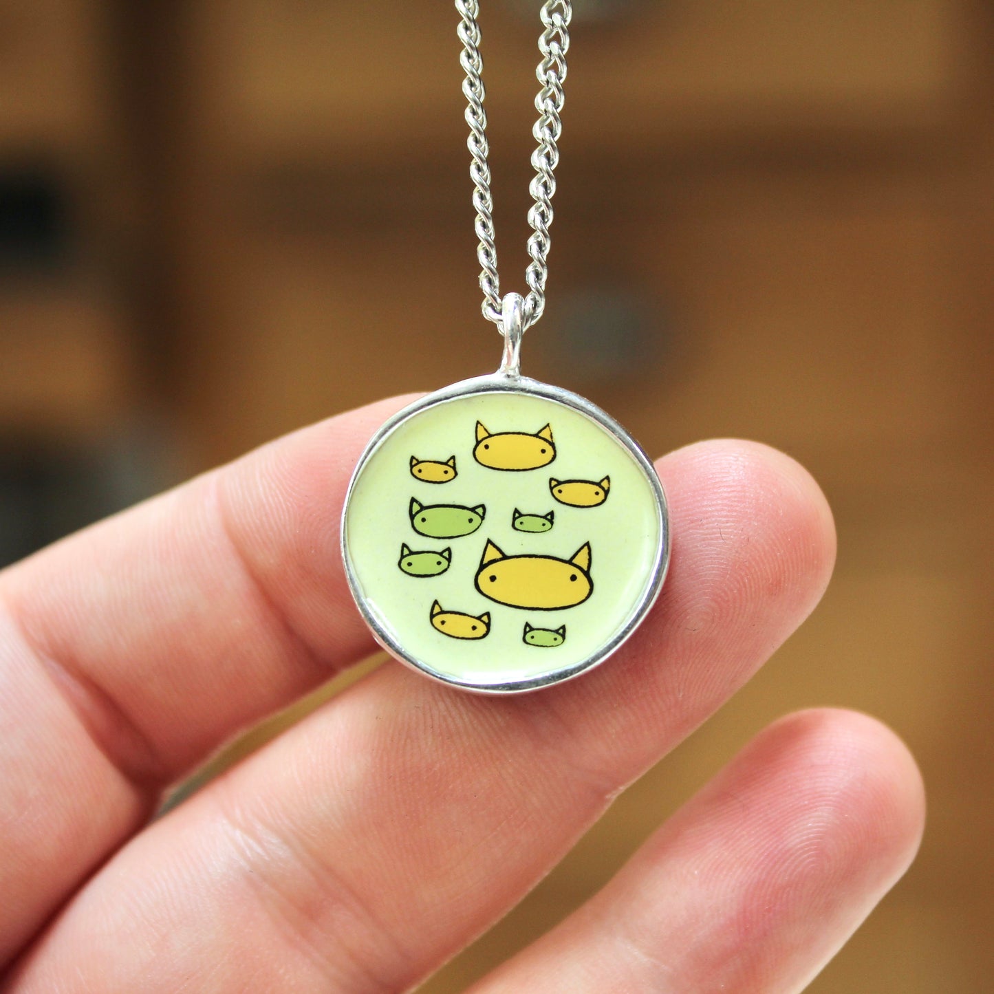 Friends with Cats - Enamel and Sterling Reversible Pendant on 24 Inch Chain
