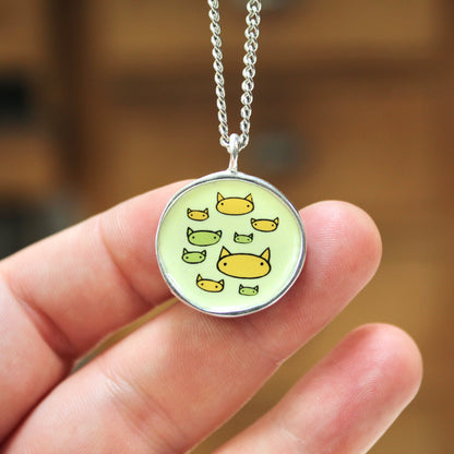Friends with Cats - Enamel and Sterling Reversible Pendant on 24 Inch Chain