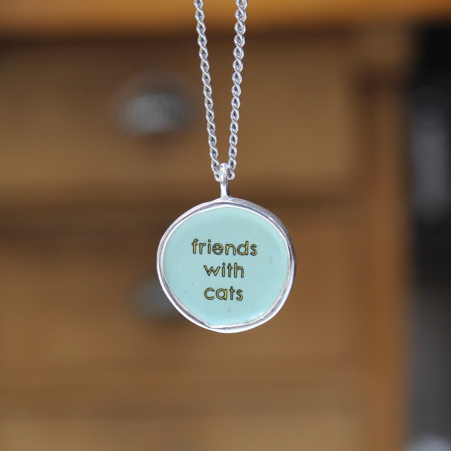 Friends with Cats - Enamel and Sterling Reversible Pendant on 24 Inch Chain