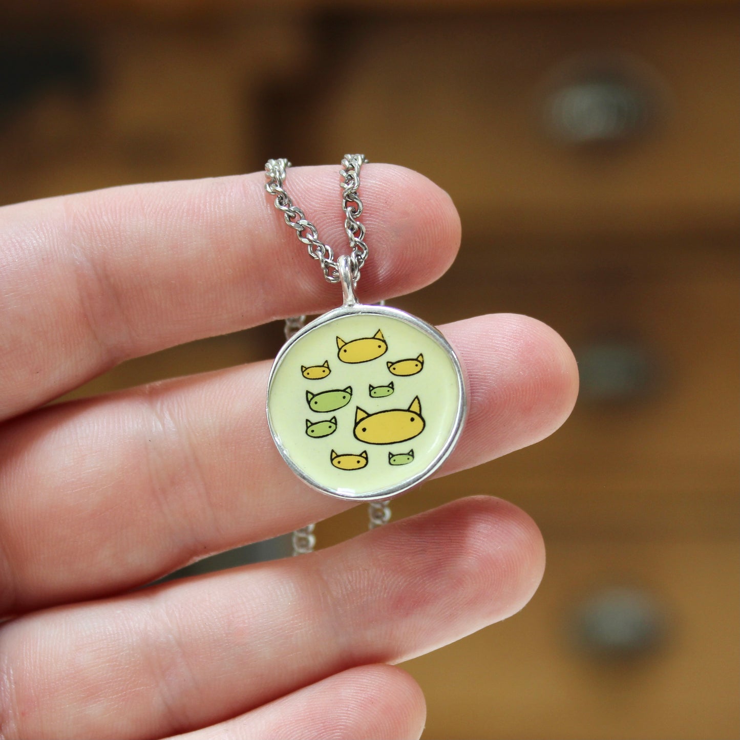 Friends with Cats - Enamel and Sterling Reversible Pendant on 24 Inch Chain