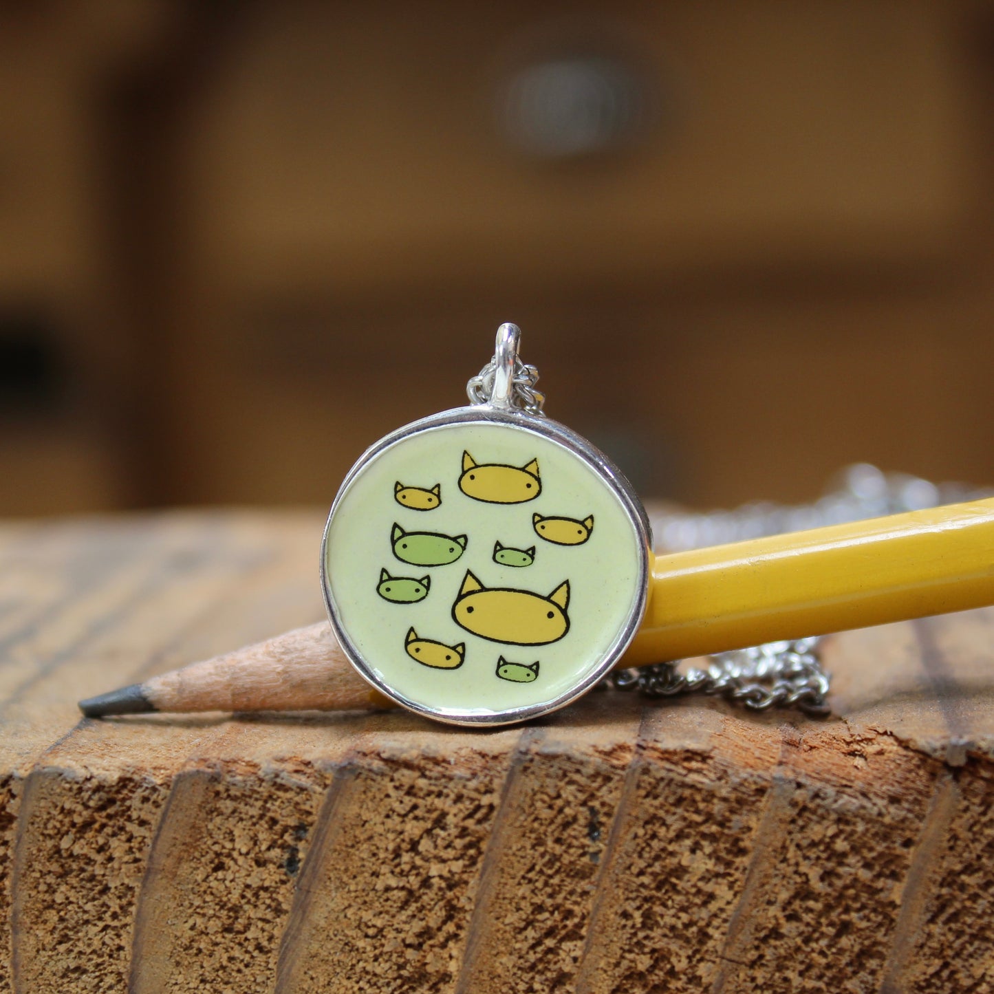 Friends with Cats - Enamel and Sterling Reversible Pendant on 24 Inch Chain