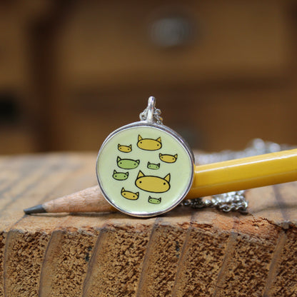 Friends with Cats - Enamel and Sterling Reversible Pendant on 24 Inch Chain