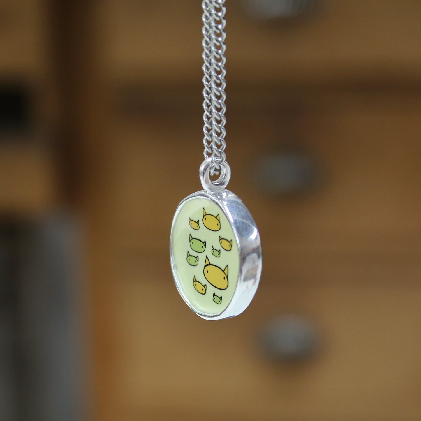 Friends with Cats - Enamel and Sterling Reversible Pendant on 24 Inch Chain