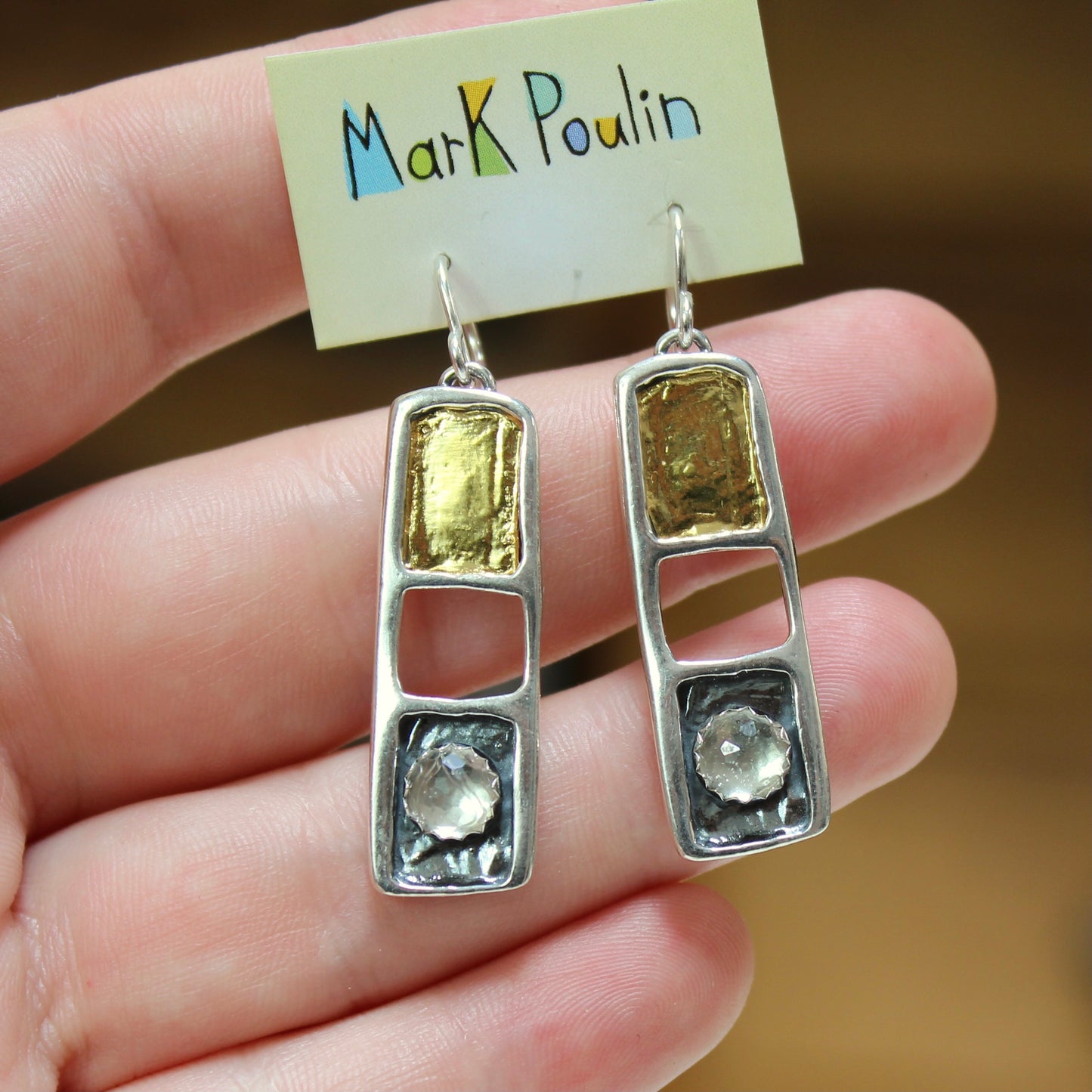 White Topaz, 24K Gold and Sterling Silver Dangles - Modern Design Earrings